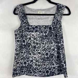 Martin + Osa Floral Top Square Neckline Navy Blue White Cotton Silk Size 2